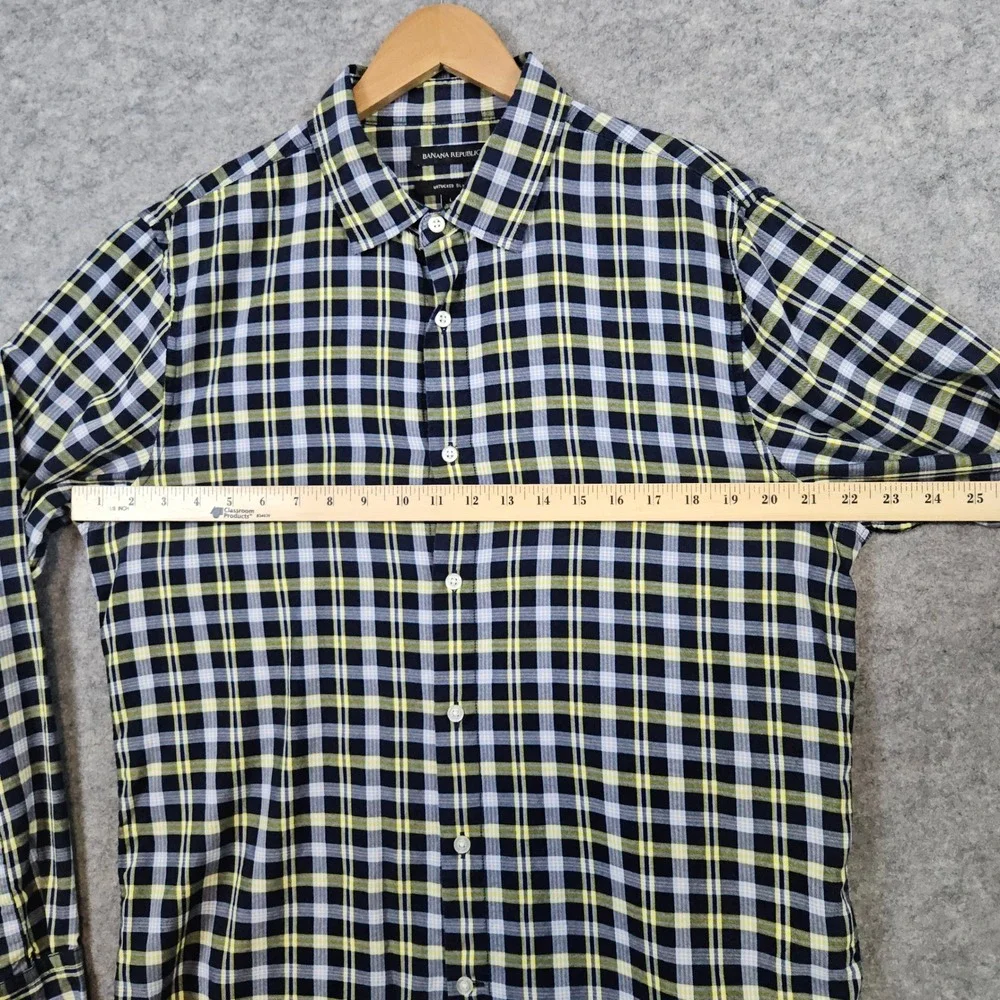 Banana Republic Men's Blue & Yellow Plaid Shirt Size L Untucked Slim‎ Fit Preppy